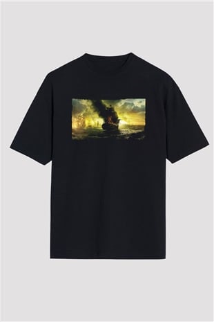 Unisex Karayip Korsanları Gizemli Denizlerde (Pirates of the Caribbean On Stranger Tides) Baskılı Siyah Unisex Oversize Tişört