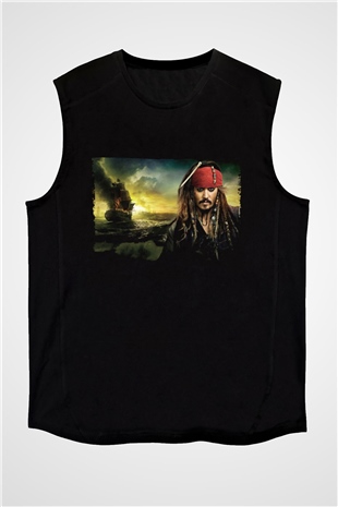 Unisex Karayip Korsanları Gizemli Denizlerde (Pirates of the Caribbean On Stranger Tides) Baskılı Siyah Kolsuz Tişört