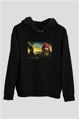 Unisex Karayip Korsanları Gizemli Denizlerde (Pirates of the Caribbean On Stranger Tides) Baskılı Siyah Kapüşonlu Sweatshirt