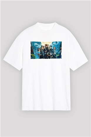 Unisex Karayip Korsanları (Pirates of the Caribbean) Baskılı Beyaz Oversize Oversize T-shirt