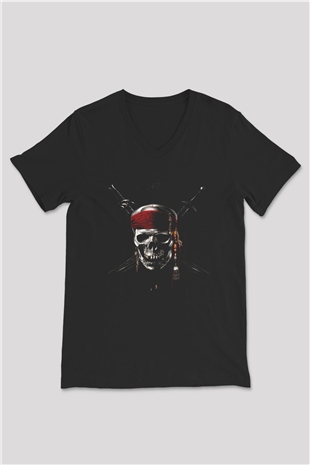 Unisex Karayip Korsanları (Pirates of the Caribbean) Baskılı Siyah V Yaka Tshirt