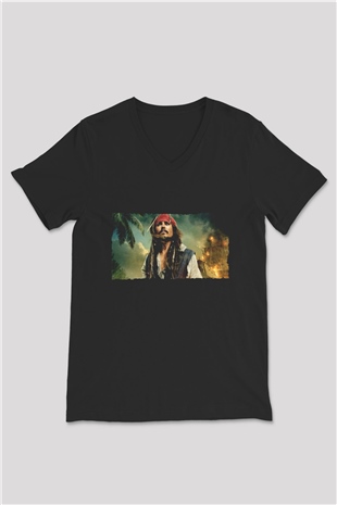 Unisex Karayip Korsanları (Pirates of the Caribbean) Siyah V Yaka Tshirt