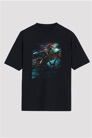 Unisex Karayip Korsanları (Pirates of the Caribbean) Baskılı Siyah Unisex Oversize Tshirt