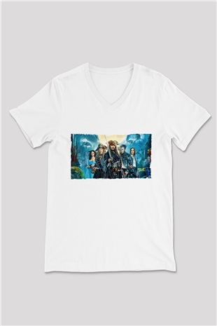 Unisex Karayip Korsanları (Pirates of the Caribbean) Baskılı Beyaz V Yaka Tshirt