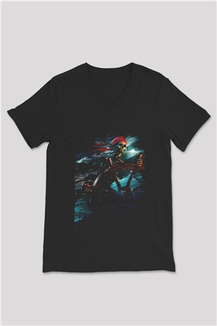 Unisex Karayip Korsanları (Pirates of the Caribbean) Baskılı Siyah Unisex V Yaka Tshirt