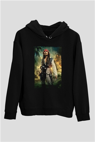 Unisex Karayip Korsanları (Pirates of the Caribbean) Baskılı Siyah Unisex Kapüşonlu Sweatshirt