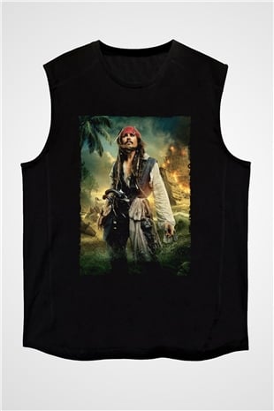 Unisex Karayip Korsanları (Pirates of the Caribbean) Baskılı Siyah Unisex Kolsuz Tişört