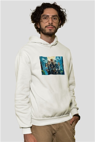 Unisex Karayip Korsanları (Pirates of the Caribbean) Baskılı Beyaz Kapüşonlu Sweatshirt