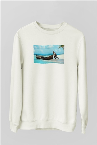 Unisex Karayip Korsanları (Pirates of the Caribbean) Baskılı Beyaz Sweatshirt