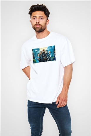 Unisex Karayip Korsanları (Pirates of the Caribbean) Baskılı Beyaz Oversize Oversize T-shirt