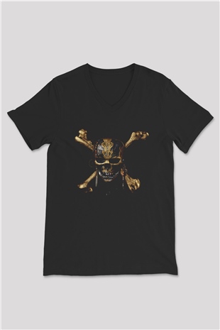 Unisex Karayip Korsanları (Pirates of the Caribbean) Baskılı Siyah V Yaka Tişört
