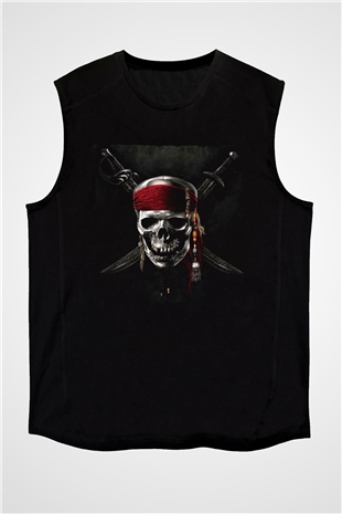 Unisex Karayip Korsanları (Pirates of the Caribbean) Baskılı Siyah Kolsuz Tshirt