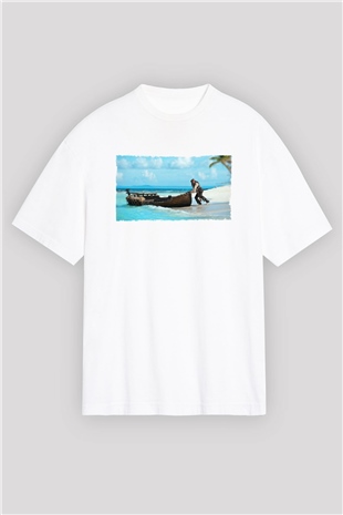 Unisex Karayip Korsanları (Pirates of the Caribbean) Baskılı Beyaz Oversize Tişört
