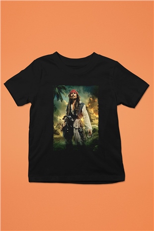 Unisex Karayip Korsanları (Pirates of the Caribbean) Baskılı Siyah Çocuk Unisex Tişört