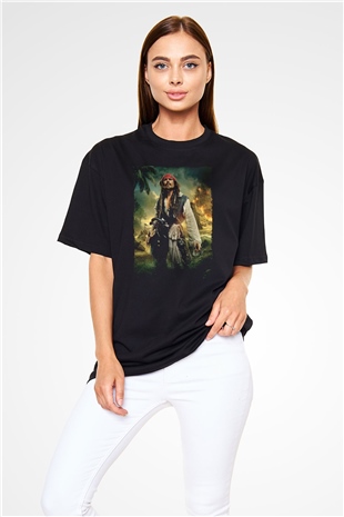 Unisex Karayip Korsanları (Pirates of the Caribbean) Baskılı Siyah Unisex Oversize Tişört