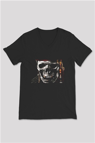Unisex Karayip Korsanları (Pirates of the Caribbean) Baskılı Siyah V Yaka T-shirt
