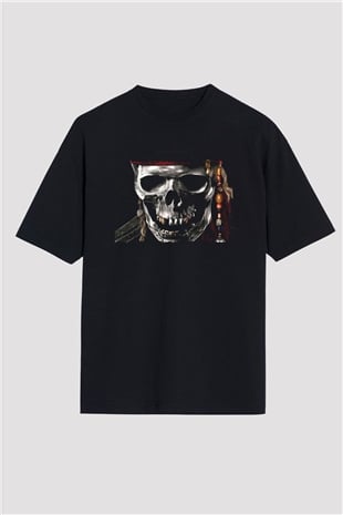Unisex Karayip Korsanları (Pirates of the Caribbean) Baskılı Siyah Oversize T-shirt