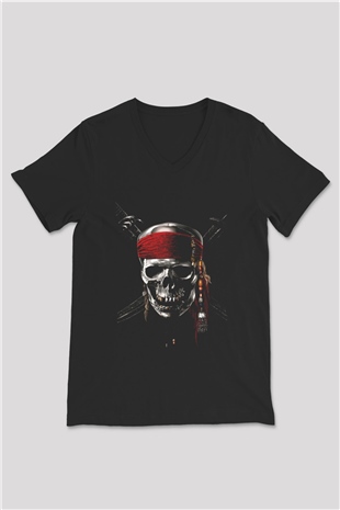 Unisex Karayip Korsanları (Pirates of the Caribbean) Baskılı Siyah Unisex V Yaka T-shirt