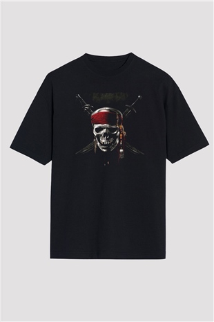 Unisex Karayip Korsanları (Pirates of the Caribbean) Baskılı Siyah Oversize Tshirt