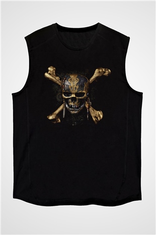 Unisex Karayip Korsanları (Pirates of the Caribbean) Baskılı Siyah Kolsuz Tişört