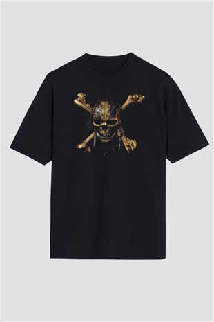 Unisex Karayip Korsanları (Pirates of the Caribbean) Baskılı Siyah Oversize Tişört