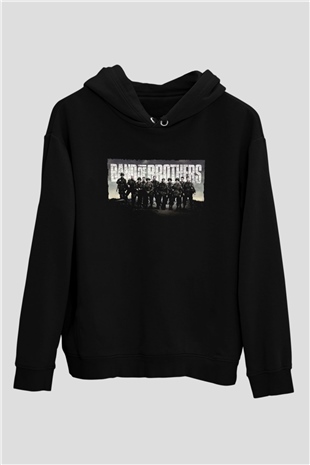 Unisex Kardeşler Takımı (Band of Brothers) Baskılı Siyah Kapüşonlu Sweatshirt
