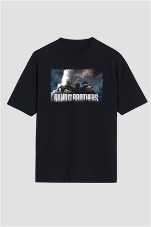 Unisex Kardeşler Takımı (Band of Brothers) Baskılı Siyah Oversize T-shirt