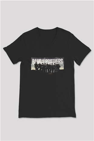 Unisex Kardeşler Takımı (Band of Brothers) Baskılı Siyah V Yaka Tshirt