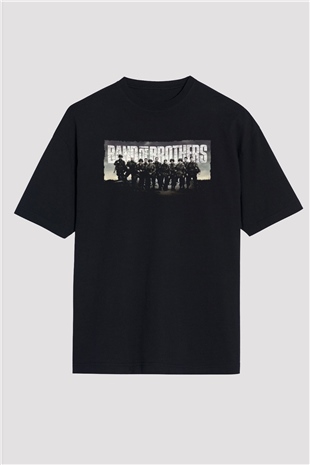 Unisex Kardeşler Takımı (Band of Brothers) Baskılı Siyah Oversize Tshirt