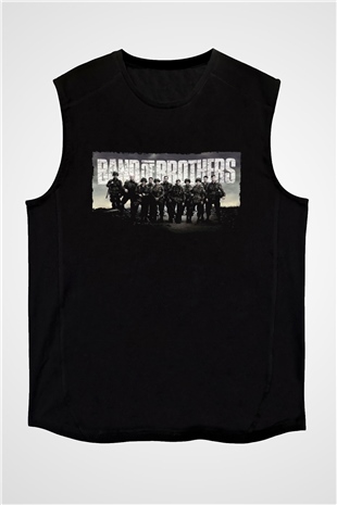 Unisex Kardeşler Takımı (Band of Brothers) Baskılı Siyah Kolsuz Tshirt
