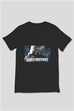 Unisex Kardeşler Takımı (Band of Brothers) Baskılı Siyah V Yaka T-shirt