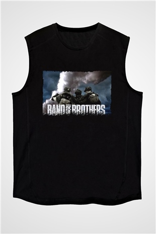 Unisex Kardeşler Takımı (Band of Brothers) Baskılı Siyah Kolsuz T-shirt