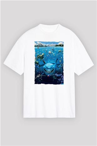 Unisex Kayıp Balık Nemo (Finding Nemo) Baskılı Beyaz Oversize Oversize T-shirt
