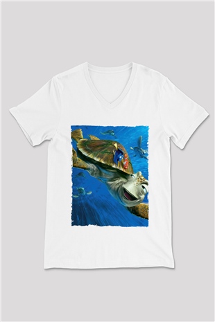 Unisex Kayıp Balık Nemo (Finding Nemo) Baskılı Beyaz V Yaka Tişört