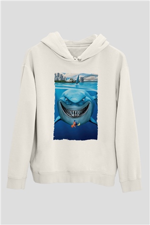 Unisex Kayıp Balık Nemo (Finding Nemo) Baskılı Beyaz Kapüşonlu Sweatshirt