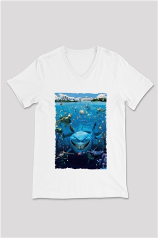 Unisex Kayıp Balık Nemo (Finding Nemo) Baskılı Beyaz V Yaka Tshirt