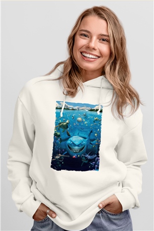 Unisex Kayıp Balık Nemo (Finding Nemo) Baskılı Beyaz Kapüşonlu Sweatshirt