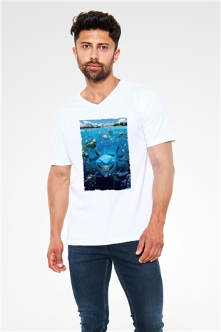 Unisex Kayıp Balık Nemo (Finding Nemo) Baskılı Beyaz V Yaka Tshirt