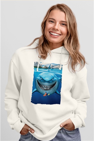 Unisex Kayıp Balık Nemo (Finding Nemo) Baskılı Beyaz Kapüşonlu Sweatshirt