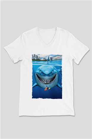 Unisex Kayıp Balık Nemo (Finding Nemo) Baskılı Beyaz V Yaka T-shirt