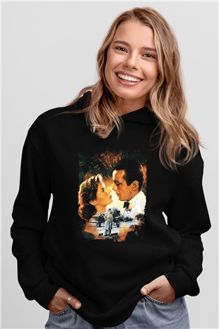 Unisex Kazablanka (Casablanca) Baskılı Siyah Kapüşonlu Sweatshirt