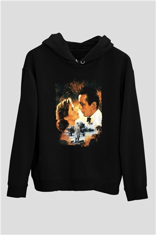 Unisex Kazablanka (Casablanca) Baskılı Siyah Kapüşonlu Sweatshirt