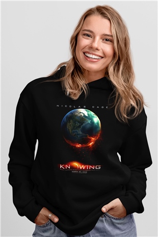 Unisex Kehanet (Knowing) Baskılı Siyah Kapüşonlu Sweatshirt
