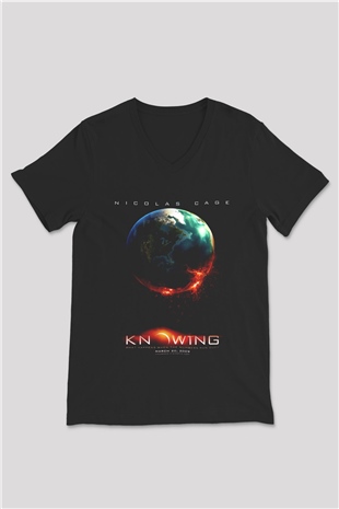 Unisex Kehanet (Knowing) Baskılı Siyah V Yaka T-shirt
