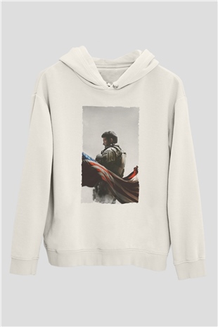 Unisex Keskin Nişancı - American Sniper Baskılı Beyaz Kapüşonlu Sweatshirt