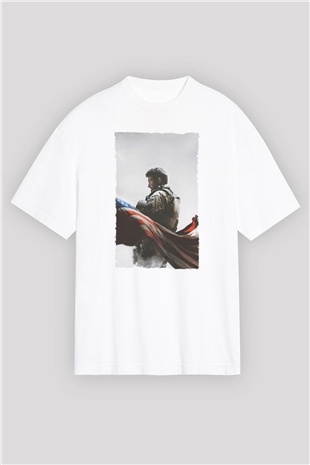 Unisex Keskin Nişancı - American Sniper Baskılı Beyaz Oversize Oversize T-shirt