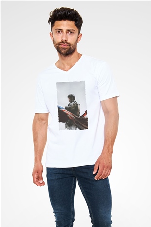 Unisex Keskin Nişancı - American Sniper Baskılı Beyaz V Yaka Tshirt