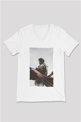 Unisex Keskin Nişancı - American Sniper Baskılı Beyaz V Yaka Tshirt