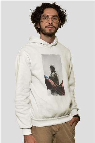 Unisex Keskin Nişancı - American Sniper Baskılı Beyaz Kapüşonlu Sweatshirt