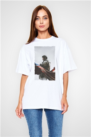 Unisex Keskin Nişancı - American Sniper Baskılı Beyaz Oversize Oversize T-shirt